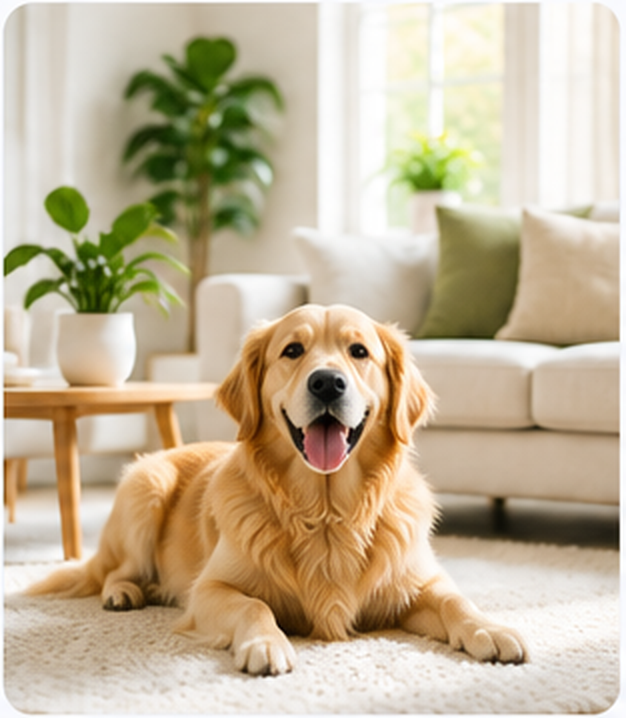 Sala luminosa con un perro, representando un hogar donde se necesita limpiar